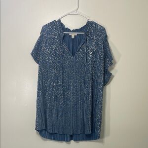 Tamara H Blue & Gold Metallic Pleated Flutter Sleeve Blouse 3X